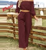 Women's Elegant Off-the-Shoulder Two-Piece Set – Long Sleeve Crop Top & High-Waist Wide-Leg Trousers - Image 11