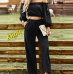 Women's Elegant Off-the-Shoulder Two-Piece Set – Long Sleeve Crop Top & High-Waist Wide-Leg Trousers - Image 2