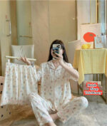 Women's Cute Cat Printed 3-Piece Nightwear Set (Shirt, Long Pant & Shorts) - Image 4