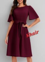 Women's Elegant Navy Blue A-Line Dress with Flutter Sleeves and Waist Tie