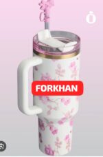 Floral Design Stainless Steel Insulated Tumbler Thermal Cup with Handle and Leak Resistant Lid and Straw