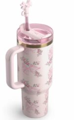 Floral Design Stainless Steel Insulated Tumbler Thermal Cup with Handle and Leak Resistant Lid and Straw - Image 3