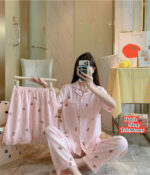 Women's Cute Cat Printed 3-Piece Nightwear Set (Shirt, Long Pant & Shorts) - Image 2