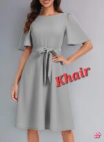 Women's Elegant Navy Blue A-Line Dress with Flutter Sleeves and Waist Tie - Image 3