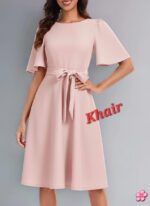 Women's Elegant Navy Blue A-Line Dress with Flutter Sleeves and Waist Tie - Image 4