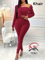 Tcremisa Women's Rib 2 Piece Set Stretch Long Sleeve Off Shoulder Crop Top and Wide Leg Long Pant Suits Fall Outfits - Image 3