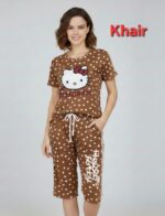 Women's Hello Kitty Casual Lounge Set – Short Sleeve Tee & Capri Pants (Brown)