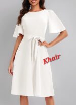 Women's Elegant Navy Blue A-Line Dress with Flutter Sleeves and Waist Tie - Image 6