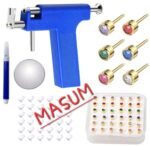 The image displays a MASUM ear piercing gun kit with a stud and mirror.