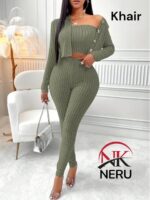 Tcremisa Women's Rib 2 Piece Set Stretch Long Sleeve Off Shoulder Crop Top and Wide Leg Long Pant Suits Fall Outfits