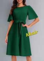 Women's Elegant Navy Blue A-Line Dress with Flutter Sleeves and Waist Tie - Image 8