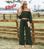 Women's Elegant Off-the-Shoulder Two-Piece Set – Long Sleeve Crop Top & High-Waist Wide-Leg Trousers - Image 7