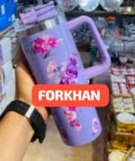 Floral Design Stainless Steel Insulated Tumbler Thermal Cup with Handle and Leak Resistant Lid and Straw - Image 6