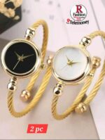 Luxury Women's Gold and Silver Twisted Bangle Bracelet Watch Set - Image 3