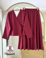 Elegant 2-Piece Linen-Style Modest Set – Long Sleeve Wrap Top & A-Line Maxi Skirt