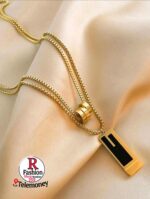 Rony Fashion Dual-Layer Geometric Necklace – Gold-Plated Box Chain with Rectangular Enamel Pendant