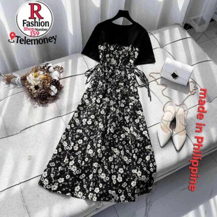 Women's Short Sleeve Floral Print Midi Dress with Side-Tie Detail