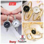 Luxury Women's Gold and Silver Twisted Bangle Bracelet Watch Set