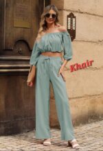 Women's Elegant Off-the-Shoulder Two-Piece Set – Long Sleeve Crop Top & High-Waist Wide-Leg Trousers - Image 5