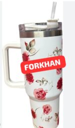 Floral Design Stainless Steel Insulated Tumbler Thermal Cup with Handle and Leak Resistant Lid and Straw - Image 8