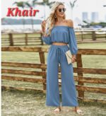 Women's Elegant Off-the-Shoulder Two-Piece Set – Long Sleeve Crop Top & High-Waist Wide-Leg Trousers - Image 9