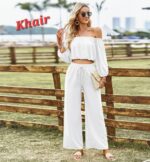 Women's Elegant Off-the-Shoulder Two-Piece Set – Long Sleeve Crop Top & High-Waist Wide-Leg Trousers - Image 6