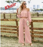 Women's Elegant Off-the-Shoulder Two-Piece Set – Long Sleeve Crop Top & High-Waist Wide-Leg Trousers - Image 8