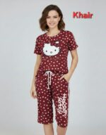 Women's Hello Kitty Casual Lounge Set – Short Sleeve Tee & Capri Pants (Brown) - Image 3