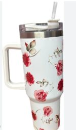 Floral Design Stainless Steel Insulated Tumbler Thermal Cup with Handle and Leak Resistant Lid and Straw - Image 7