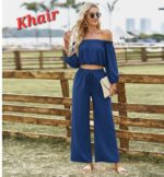 Women's Elegant Off-the-Shoulder Two-Piece Set – Long Sleeve Crop Top & High-Waist Wide-Leg Trousers - Image 10