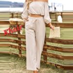 Women's Elegant Off-the-Shoulder Two-Piece Set – Long Sleeve Crop Top & High-Waist Wide-Leg Trousers
