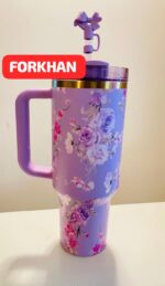 Floral Design Stainless Steel Insulated Tumbler Thermal Cup with Handle and Leak Resistant Lid and Straw - Image 5