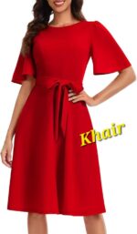 Women's Elegant Navy Blue A-Line Dress with Flutter Sleeves and Waist Tie - Image 7