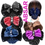 Fashion Satin Women Rhinestone Barrette Hair Clip Cover Bowknot Net Bun Snood