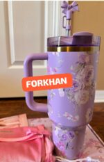 Floral Design Stainless Steel Insulated Tumbler Thermal Cup with Handle and Leak Resistant Lid and Straw - Image 4