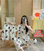 Women's Cute Cat Printed 3-Piece Nightwear Set (Shirt, Long Pant & Shorts)