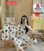 Printed 2Pcs Short Sleeve Pajama Set For Womens Summer Casual Silk Satin Button Sleepwear Ladies