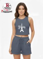 FASHION AND YOUTH Stylish Paris France Design Printed Round Neck Women Rib Top