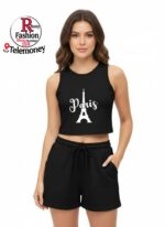 FASHION AND YOUTH Stylish Paris France Design Printed Round Neck Women Rib Top - Image 5